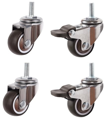 Kozuoan Mini Möbelrollen, Gewindestange M6x15 mm, Niedrigprofil-Gummi-Lenkrollen, geeignet für kleine Wagen, Möbel,Regale, 4er-Set, Tragkraft 40kg (25 mm, 2 without Brakes + 2 Brakes)