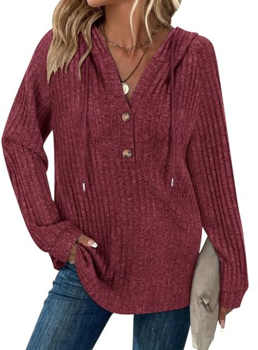 Syphiby Womens Long Sleeve Oversized Hoodie & Sweatshirt Drawstring Button V Neck Jumpers for Women UK Casual Loose Lightweight Jumpers Striped Sweater Pullover Tops Evening Tops Wine