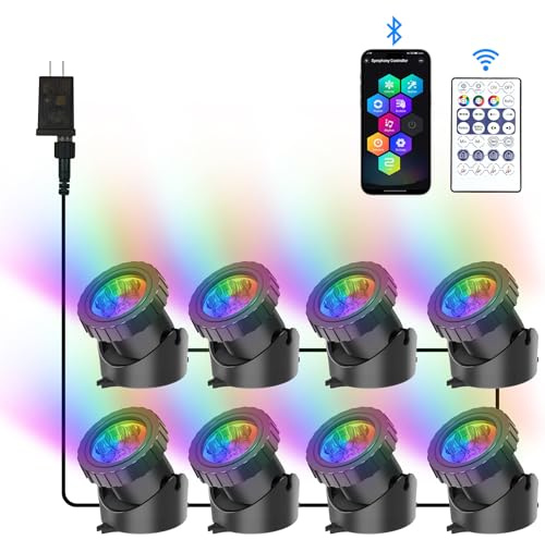 CREPOW RGB Underwater Pond Lights, Super Bright LED Submersible Fountain Lights Colored Landscape Spotlights, Bluetooth APP Control IP68 Waterproof for Fish Aquarium Tank Yard Garden Pool (Set of 8)