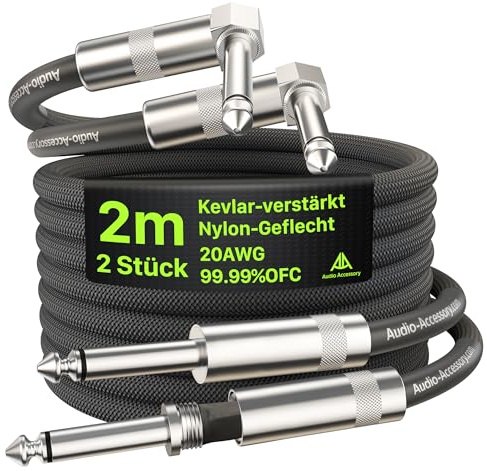 AA AUDIO ACCESSORY Right Angle Guitar Cable 2m 2 Pack, Nylon Braided Anti-Kinking Kevlar-Reinforced, 20 AWG 99.99% OFC 1/4 Instrument Cable, AL & OFC Shielded Guitar Lead for Fender Electric Guitar