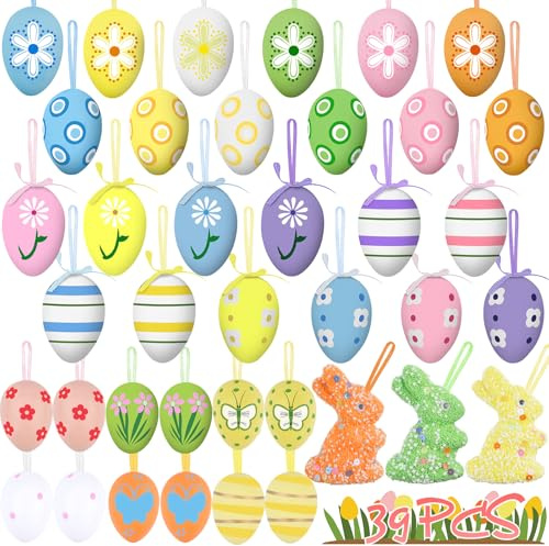 Cheloveer Ostereier Deko, 39PCS Bunte Plastik Ostereier Mit Bändern und Exquisiten Mustern, Zum Aufhängen Draußen und Innen, Oster Geschenk