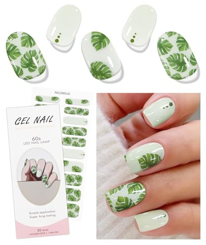 JMEOWIO Gel Nail Stickers Monstera Deliciosa Green Leaves Semi Cured Gel Nail Strips Wraps UV/LED Nails Art Design Decoration Accessories