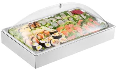 VEVOR Countertop Food Serving Display Container, 1 x 1 Pan Stainless Steel Food Serving Tray, Buffet Condiment Dispenser Display Rack with Clear Arc Lid & 3 Ice Trays, for Restaurant, Hotel, Party