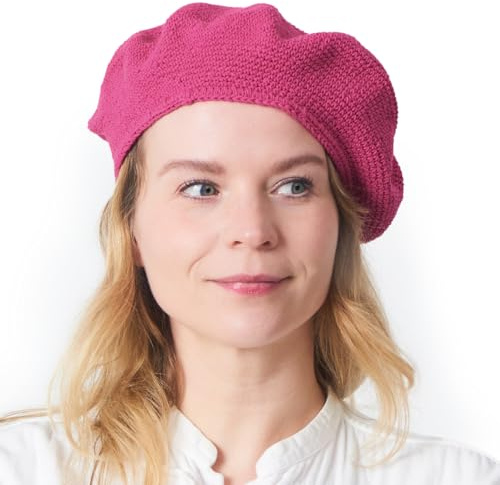 CHARM Baskenmütze Damen Barett Herren Beret Häkelmütze | Boho Strickmütze aus 100% Baumwolle, Barrett für Sommer & Winter, gehäkelte Künstler Berets, 50er Jahre Stil