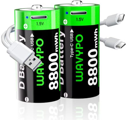WAVYPO Rechargeable Lithium D Batteries, 8800mWh High Capacity D Cell Batteries with 2 in 1 USB-C Charging Cable, D Size Cell Battery Replacement for Floodlight Toys (2 Pack)