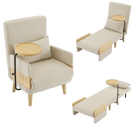 KecDuey Sillón convertible 3 en 1 con función de sueño, con bandeja de madera, silla plegable acolchada, asiento tapizado, silla de salón, cama individual, adecuado para salón, dormitorio, oficina