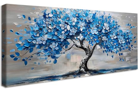 Cadre en Bois Impression sur Toile Peinture Arbre de vie Tableau Arbre à fleurs bleu Image sur Toile Bleu Marine Esthétique Grandes Tableau Decoration Murale Salon Chambre Restaurant Hôtel 50x120cm