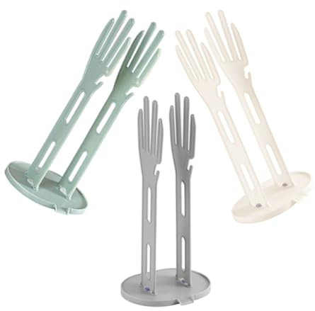 LAPYAPPE 3pcs Kitchen Glove Holder and Drying Rack Drain Base Plastic Cleaning Glove Organizer for Reusable Bags and Dish Towels, Multi-use Kitchen Storage Stand for Sink, White Gray Blue