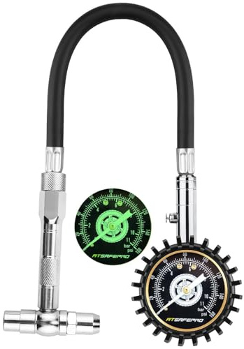 ATsafepro Reifendruckprüfer, 160 PSI, 11 bar, Doppelkopf-Reifendruckprüfer, UK (Schrader und Presta), 5,1 cm Zifferblatt, leuchtet im Dunkeln, für Autos, Motorräder, Fahrräder