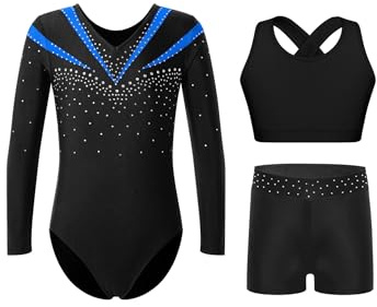 iiniim 3tlg.Mädchen Turnanzug Glitzer Gymnastikanzug Langarm Ballettanzug Gymnastik Leotard + Sport BH Tops + Shorts Turntrikot Wettbewerb Tanzkostüm B Blau 134-140