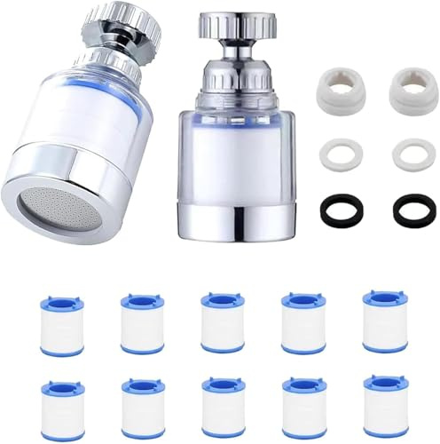 2 Filtri per Rubinetto + 10 Cartucce, Filtro Lavandino 360° con Carbonio Attivo, Purifica Acqua, Rimuove Cloro, Fluoruri, Metalli Pesanti, Ammorbidisce Acqua Dura, Uso Idrico Sicuro.