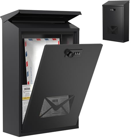 Post Box, Post Boxes Wall Mounted Waterproof Large Steel Mail Box Modern Delivery Postbox with Combination Lock Rain Cover Mailbox Viewing Windows Letterbox, Letter Box for Outside, Door, 40x25x10cm