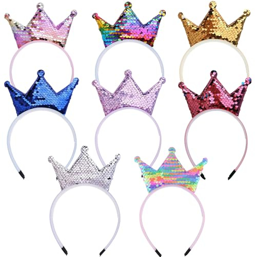 EUDUQ 8 Stück Pailletten Krone Stirnband Set,Glitzer Kronen Haarreifen Mädchen,Bunte Metall Krone Haar Hoops für Geburtstag,Weihnachten,Party,Cosplay
