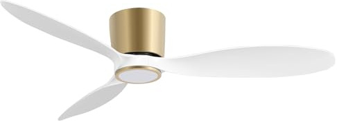 Ovlaim ventilador de techo moderno 132cm de perfil bajo con luz y mando a distancia, 3 aspas reversibles, motor de corriente continua ultrasilencioso 6 velocidades, oro blanco
