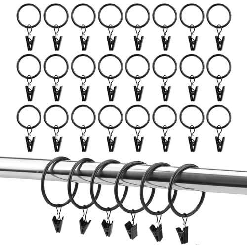 Gardinringar i metall med klämmor, 32 mm innerdiameter gardinringar, svarta gardinringar med clips för stänger, fönster, dörr, duschdraperi, tvättlina (50)