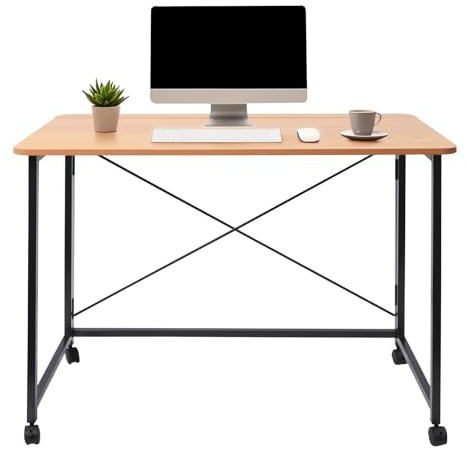 Klapptisch mit Rollen, 100x50 cm Faltbarer Schreibtisch Klein bis 100 kg Belastbar – Platzsparender Computertisch Mobil mit Bremsen für Homeoffice, Küche, Balkon, Camping (Weiß/Teak) (Teakholz)