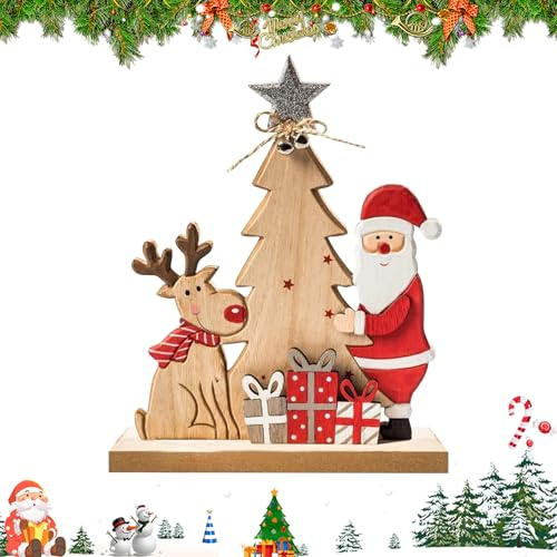 PIujsym Weihnachtsdeko Holz - Weihnachtsmann Figur mit Rentier und Weihnachtsbaum Holz Groß, Festliche Weihnachtsdekorationen Innen als Tischaufsteller für Wohnzimmer Adventszeit
