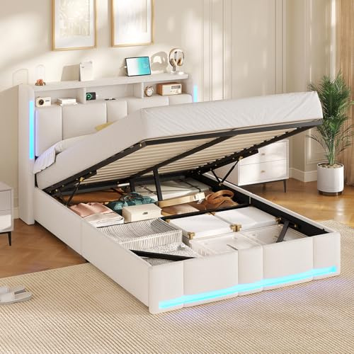 AOGLLATI Lit Coffre 140x190 CM, Lit Double avec LED et Ports USB, Cadre de lit avec Tête de Lit capitonné et Rangement, Lattes en Bois, Lin Beige(sans Matelas)