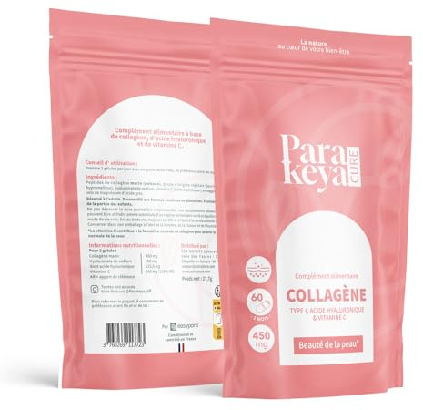 Parakeya Collagène Marin Beauté de la Peau | Acide Hyaluronique & Vitamine C | Fermeté, Élasticité & Hydratation profonde| Teint Éclatant | Cure 1 Mois - 60 Gélules