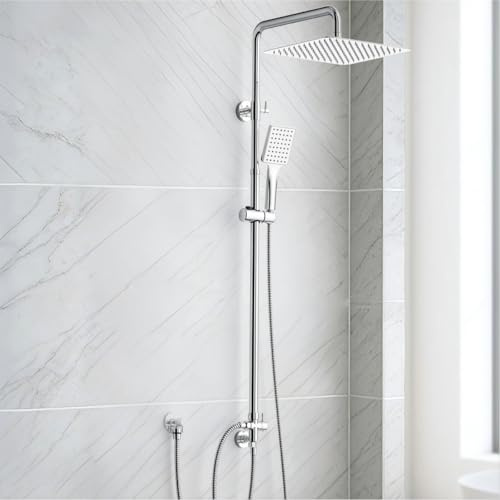 SunCleanse Regendusche ohne Armatur 30x30 cm Edelstahl Kopfbrause Chrom | Verstellbare Duschstange 75-110cm, Hochdruck Handbrause, Messing Umschaltventil, einfache Montage, Badezimmer Upgrade