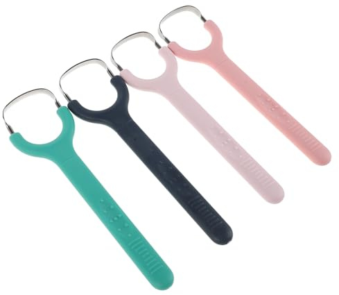 MOLUCKFU Raschietto Lingua in Acciaio Inossidabile 4 Pezzi, Rimuove Rivestimento Linguale, Portatile da Viaggio, Strumento per L'igiene Orale