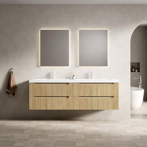 vutizal Badezimmerschrank 160 cm mit Doppelwaschbecken, Schwimmend/Vom Boden Befreit, Mineralwerkstoff Einbauwaschbecken, 4 Soft-Close Schubladen, Vormontiert, Weiße Eiche
