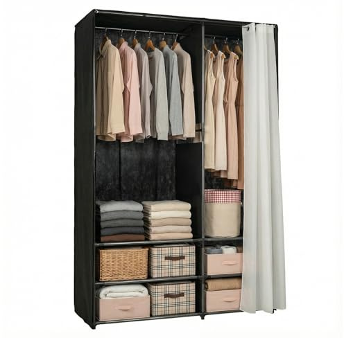 EVERGOODS Portable Fabric Wardrobe Closet 106 × 43 × 166 cm, Freestanding Clothes Storage Organizer with Hanging Rail & Shelves, Dustproof Curtain for Bedroom, Apartment, Dorm, Living Room (Black)