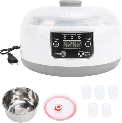 Yogurtera Eléctrica, 1.2L, Acero Inoxidable con 5 Tarros - Yogur Casero Saludable, Control Inteligente para Hogar