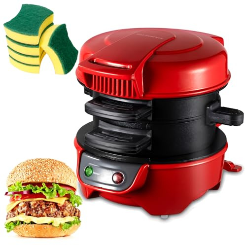 Electric Breakfast Muffin Maker, Mini Grill Burger Maker with Non-stick Panini Press & Egg Cooker Ring, Double-Sided Heating Versatile Grilled Toastie Maker for Sandwich Omelettes Waffles Red