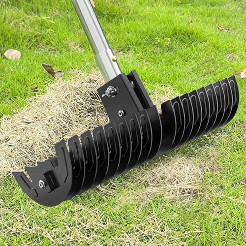 Rastrello per la rimozione del feltro erboso, rastrello scarificatore da 38 cm con rulli, rastrello in metallo d'acciaio efficiente, rastrello scarificatore regolabile da 0 a 15°, manico da 96,5 a 1