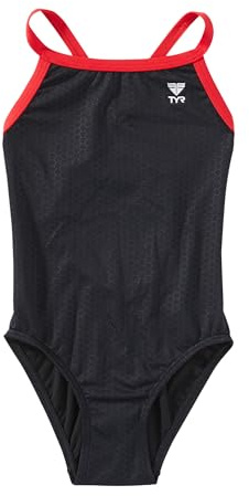 TYR Girls’ Hexa Diamondfit Swimsuit, Black/Red, 22