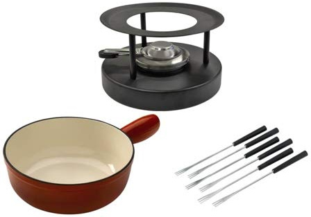 Käsefondue Set Caquelon Induktion Guss Ø 20 cm rot, 6 Gabeln, Rechaud black
