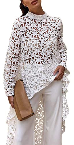 PRETTYGARDEN Women's Long Sleeve Round Neck High Low Asymmetrical Irregular Hem Casual Tops Blouse Shirt Dress (White,Large)