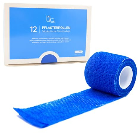 12x Selbstklebender Verband - Selbsthaftende Bandage - Pflaster Rolle - Fingerpflaster - Haftbandage - Fixierbinde - Elastischer Verband - schwarz blau lila weiß rot hautfarbe (Blau, 5cm)