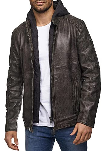 Tazzio Chaqueta de piel auténtica para hombre, chaqueta de entretiempo Two-in-One Style 19710, caqui, S