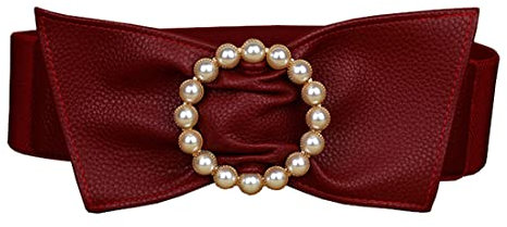 通用 Elegant Damen Elastischer Taillengürtel mit Perlen Schnalle Breiter Gürtel PU-Leder Gürtel Taillenband Hüftgürtel Stretchgürtel Kleidgürtel (Rot)