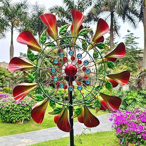 SJASD Moulin À Vent Jardin Solaire 200 cm/210 cm Éolienne À Vent en Métal avec éclairage LED,Sculptures et Mobiles à Vent,pour terrasse, pelouse et Jardin