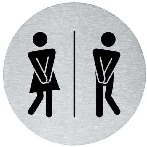 Stahl-Design Tebart WC Schild Mann & Frau rund 7,5 cm Edelstahl – graviertes Unisex-Piktogramm mit Humor – selbstklebend – elegante Edeloptik & langlebige Türbeschilderung