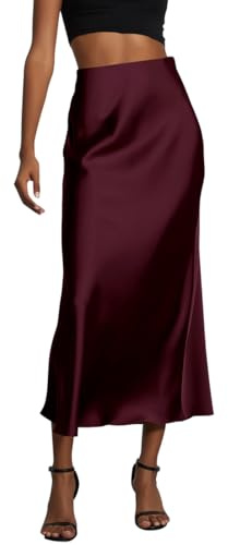 ORANDESIGNE Jupe Satin Femme Longue Jupe en Satin Élégant Jupe Taille élastique Décontractée Eté Midi Jupe en Soie Jupe Casual Party Taille Haute Bourgogne XS