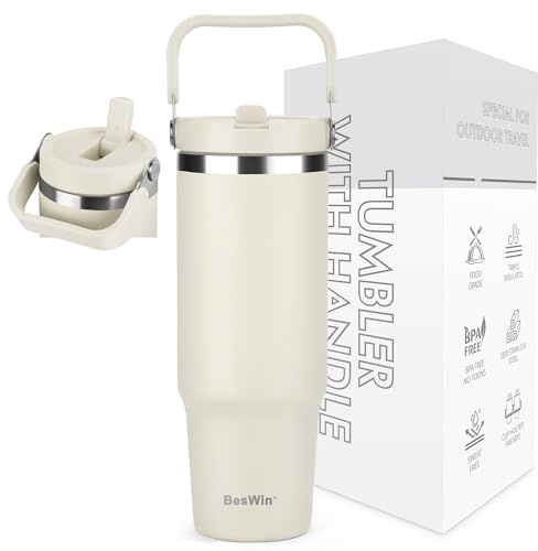 BesWin 30oz Tumbler with Handle and Straw, Double-Walled Leak-Proof Drinking Water Bottle for Cold or Hot Drinks, Gifts for Women & Men, Beige