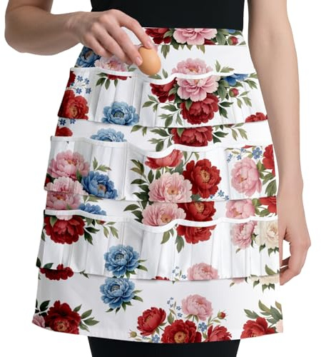 CUTHOLLOW Peony Flowers Tablier de Collecte d’œufs pour Adultes, Femmes, Ménagères, avec 18 Poches Profondes pour Ramasser les œufs de Poule, Tablier de Maintien avec Fermetures élastiques