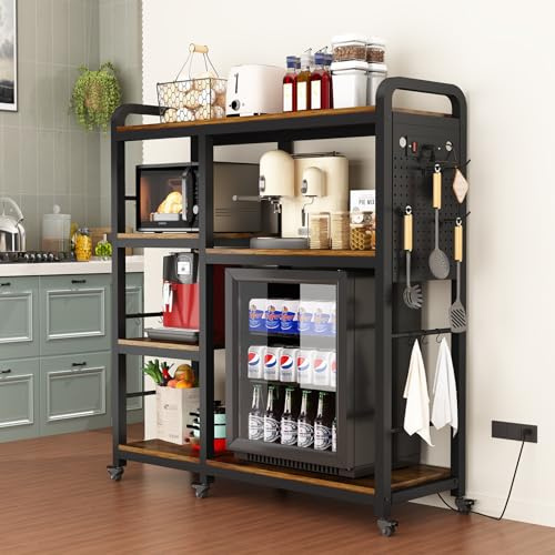 Bakers Rack with Power Outlet ，6-Tier Kitchen Baker's Rack,microwave cart,Microwave Stand with Storage Suitable for Kitchen, Living Room, Dinning Room，Coffee Bar(6-Wheels&9- Hooks) (Rustic Brown)