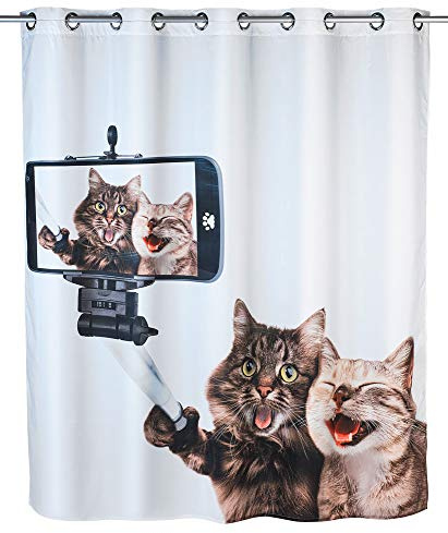 WENKO Anti-Schimmel Duschvorhang Selfie Cat Flex - Anti-Bakteriell, wasserabweisend, waschbar, schimmelresistent mit integrierter Hängeeinrichtung, Polyester, 180 x 200 cm, Mehrfarbig