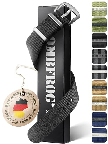 BOMBFROG NATO Strap Nylon Uhrenarmband 18mm 20mm 22mm 24mm Natoband Armband | Premium Natoband, franst nicht aus, verstellbar, Militär, Schließe schwarz/silber, Khaki/Navy/Oliv/Schwarz/Schwarz-Grau