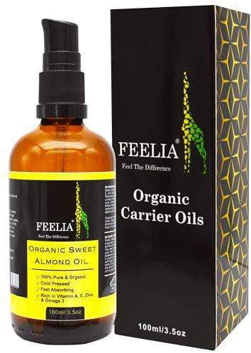 Feelia - Organic Sweet Almond Oil - Cold Pressed, Rich in Vitamins A, E, Zinc & Omega 3, Fast Absorbing, 100% Pure & Organic (100ml)
