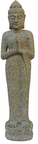 STONE art & more Authentische Buddha-Statue Begrüßung, 100 cm, Steinfigur, Steinmetzarbeit aus Lavastein (Basanit), Garten-Deko, frostfest