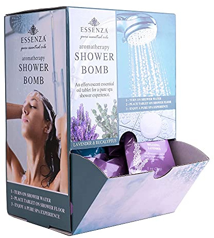 Essenza Shower Bombs 14pc Bin - Revitalizing Eucalyptus & Relaxing Lavender Aromatherapy Luxury Shower Bombs - Height 8.125” Width 5.5” Depth 4.125” Weight 1.31 Lbs - 14 Pc Collection
