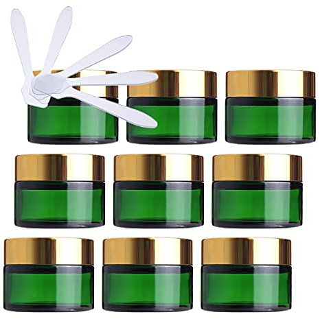 ZEOABSY 12 Stück Leere Grün Glas Cremedose 30ml mit Gold Schraubdeckel, Grünglas Schraubdose Glas-Tiegel Glas-Dose Salbentiegel Kosmetik-Dose für Gels Cremes + 12x Spatel