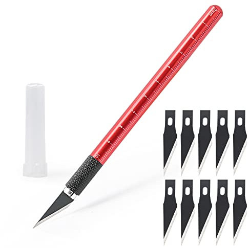 EHDIS Skalpell Set, mit 10 Ersatzklingen mit einem Rostschutz-Ölfilm beschichtet, Carving Craft Messer, Bastelmesser, Hobbymesser Set für Skalpell Basteln, Folie, Rot