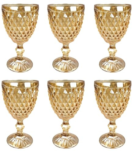 Vintage 6er-Set Farbige Weingläser und Trinkgläser mit Diamant Muster (Netz Gold-Glanz Weinglas), Longdrinkgläser, Cocktail Gläser mit Prägung, Glas, Trinkglas, Weinglas, Wasserglas, Glaskelche